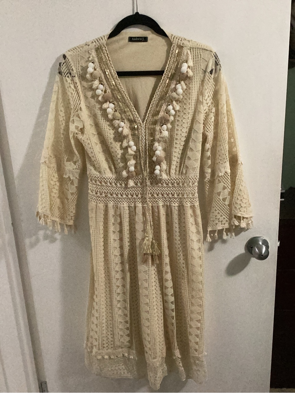 Boho Cream Crochet Midi Dress with Tassel Pom Pom Trim